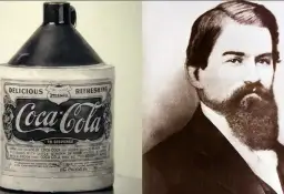 Botella antigua de Coca-Cola y retrato de John Pemberton.