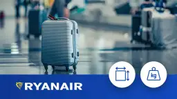 Szara walizka kabinowa Ryanair na lotnisku, gotowa do podróży. Ikony wskazują wymiary i wagę bagażu.