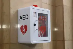 Biała obudowa AED z czerwonym sercem i symbolem błyskawicy, zamontowana na ścianie.