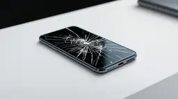 Telefon z pękniętym ekranem leżący na białej powierzchni.