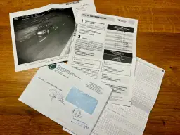 Dokumenty dotyczące wykroczenia drogowego i informacji, jak przedłużyć kartę kierowcy. Widoczny jest raport z fotoradaru, formularz informacyjny oraz koperta.