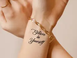 Dłoń z tatuażem "Believe in Yourself" i złotą bransoletką.