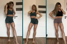 Trzy ujęcia kobiety w sportowych strojach. Czy bieganie wyszczupla uda? Jej nogi wyglądają na wyrzeźbione i smukłe.