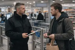 Ochroniarz rozmawia z klientem w sklepie, trzymając teczkę.