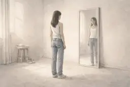 Dziewczyna w dżinsach i białej koszulce patrzy w lustro.