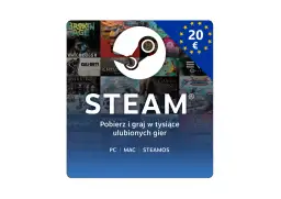 Logo Steam na tle okładki gier, z symbolem 20 euro i flagą UE.