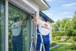 Fachowiec na drabinie dokonuje naprawy rolety zewnętrznej podtynkowej przy oknie.