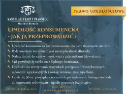 Grafika przedstawia nagłówek "Upadłość konsumencka - jak ją przeprowadzić?" na tle dłoni trzymającej tablet.