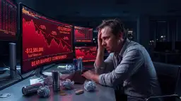 Zestresowany mężczyzna patrzy na monitory z wykresami giełdowymi pokazującymi spadki i stratę kapitału.
