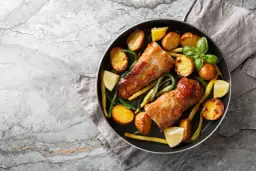 Dwie soczyste polędwiczki drobiowe w sosie, podane z pieczonymi ziemniaczkami, fasolką szparagową i cytryną.