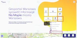 Interfejs Geoportalu Warszawa z widocznym menu i opcją "Rejestr pozwoleń na budowę".