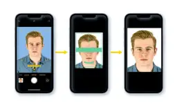 Trzy telefony pokazujące proces robienia zdjęcia paszportowego: zdjęcie, kadrowanie i gotowy portret.