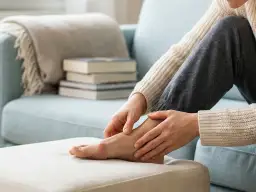 Kobieta masuje bolącą stopę z widocznym haluksem.