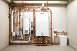 Schemat cyrkulacji ciepłej wody z bojlerem i kotłem, miedziane rury tworzą skomplikowaną sieć.