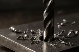 Wiertło do metalu w akcji, tworząc wióry. Różne rodzaje wierteł do metalu pozwalają na precyzyjne obróbki.