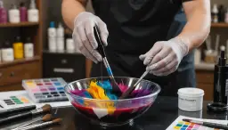 Eksperyment z kolorami: czy można mieszać farby do włosów różnych firm? W misce kolorowe pasma włosów, pędzle zanurzone w płynach.
