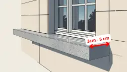 Szary parapet wystaje 3-5 cm poza ścianę.