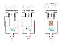 Schematy pokazują zasilanie diody LED w czujniku przerwania wiązki IR. LED świeci, gdy wiązka nie jest przerwana, a nie świeci, gdy jest przerwana.