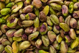 Zbliżenie na stos łuskanych pistacji, niektóre z zielonymi nasionami, inne z brązowymi łupinami.