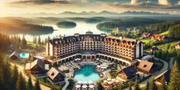 Luksusowy resort w otoczeniu gór i lasów, z basenem i licznymi domkami. To miejsce, gdzie można odpocząć i poczuć, co to znaczy resort.