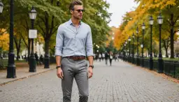 Eleganckie szare spodnie stylizacje na jesienny spacer. Mężczyzna w błękitnej koszuli i szarych spodniach, otoczony złotymi liśćmi.