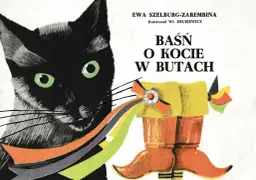 Czarny kot z zielonymi oczami i kolorową wstęgą obok butów. Ilustracja do baśni o kocie w butach Ewy Szelburg-Zarembiny.