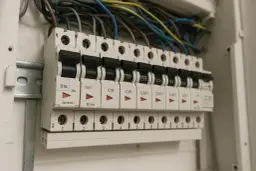 Szukasz informacji, jaki bezpiecznik do siły? Na zdjęciu widać rozdzielnicę elektryczną z bezpiecznikami o różnej wartości prądowej, np. B16, C16, C30FF.