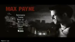Menu gry Max Payne 2 z opcjami: Kontynuacja, Trening, Nowa gra, Wczytaj, Zapisz, Opcje, Twórcy, Wyjście. W tle Max Payne i mroczne miasto. Spolszczenie gry.