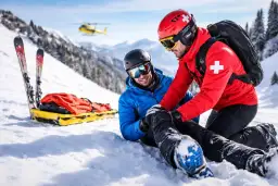 Ratownik górski pomaga narciarzowi po wypadku na nartach. W tle widać śmigłowiec ratunkowy.