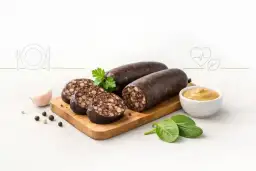 Kaszanka na desce z dodatkami: czosnek, musztarda, natka pietruszki, szpinak i pieprz.