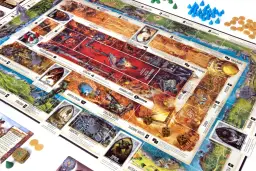 Plansza gry planszowej Talisman z kartami postaci, kostkami i żetonami.