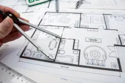 Rysunek techniczny z zaznaczonymi zmianami istotnymi w projekcie budowlanym. Dłoń z cyrklem nad planem mieszkania.