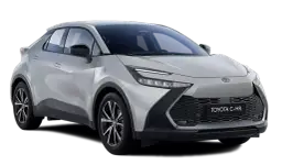 Srebrna Toyota C-HR Hybrid z przodu, na białym tle.