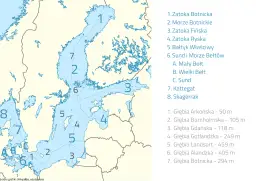 Mapa przedstawiająca zatoki Morza Bałtyckiego, z zaznaczonymi numerami i nazwami akwenów, np. Zatoka Botnicka.