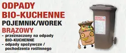 Brązowy pojemnik na odpady bio-kuchenne. Wrzucamy do bio resztki jedzenia i odpadki roślinne.