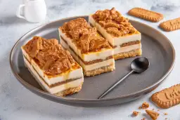 Pyszne ciasto bez pieczenia tanie, z warstwami kremu i ciasteczek, posypane pokruszonymi biszkoptami i polane syropem.