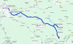 Mapa drogowa Podkarpacia z zaznaczoną trasą motocyklową od Nowego Sącza do okolic Hańczowej.