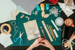 Ręce tworzą kartkę z balonem na gorące powietrze. Wokół materiały do scrapbookingu, taśma, nożyczki, guziki i inne akcesoria.