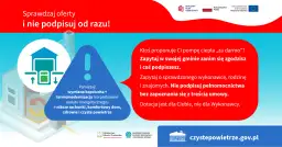 Grafika promuje termomodernizację budynku i wymianę kopciucha. Zachęca do sprawdzania ofert i niepodpisywania umów bez zapoznania się z treścią.