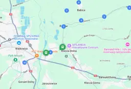 Mapa z zaznaczonymi przystankami autobusowymi i nazwami miejscowości, m.in. Wadowice, Klecza Dolna.