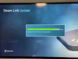 Ekran Steam Link Update pokazuje postęp pobierania aktualizacji 33 z 35. Gdzie jest link do wymiany Steam?