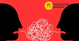 Dwie sylwetki twarzy, jedna czarna, druga czerwona, próbują się porozumieć. Między nimi plątanina białych linii symbolizuje trudności, jak rozmawiać z narcyzem.