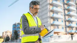 Mężczyzna w kamizelce odblaskowej i kasku trzyma notatnik i długopis na tle budowy.