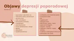 Grafika z listą objawów depresji poporodowej, w tym zaburzenia snu, wahania nastroju, lęk i apatia.