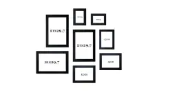 Kolekcja czarnych ram na zdjęcia: trzy 21x29,7, trzy 15x21 i dwa 10x15.