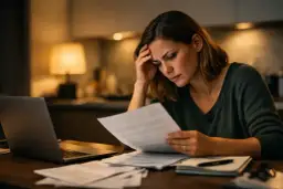 Zmartwiona kobieta sprawdza dokumenty, szukając informacji, jak sprawdzić czy notariusz jest prawdziwy.
