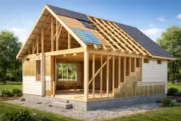 Budowa domu z widoczną konstrukcją dachu dwuspadowego i izolacją.