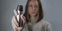 Dłoń trzymająca puszkę gazu pieprzowego na rozmytym tle.