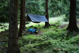 Namiot typu hamak zawieszony między drzewami w lesie. Obok leży niebieski plecak. Idealne miejsce, gdzie pod namiot, Śląskie.