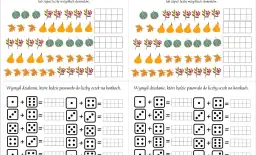 Jesienna rewalidacja karty pracy do druku: liczenie dyni, liści, kasztanów i jagód, a także zadania z kostkami.